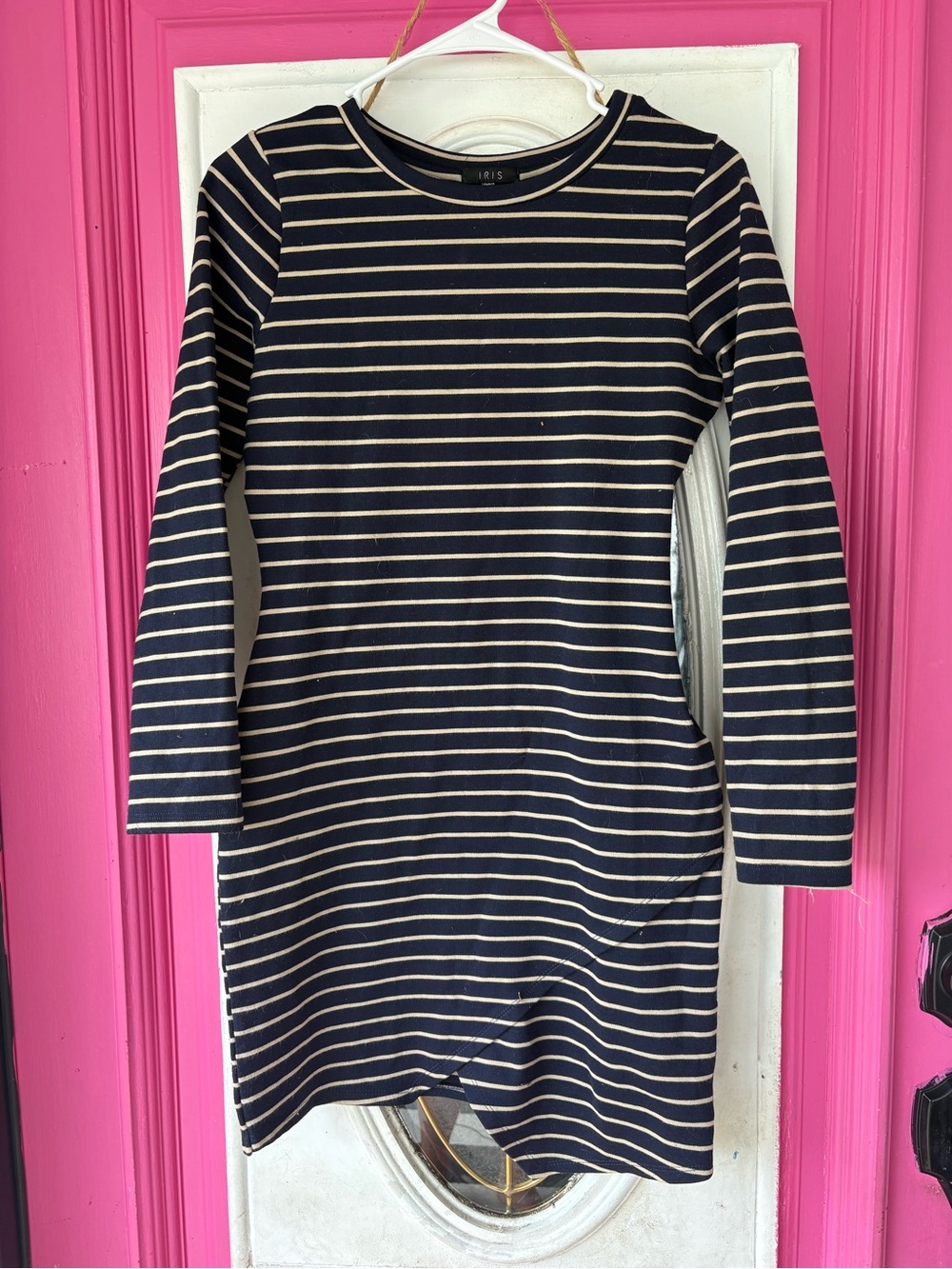 Vintage Iris Navy and Cream Striped Long Sleeve Crew Dress
